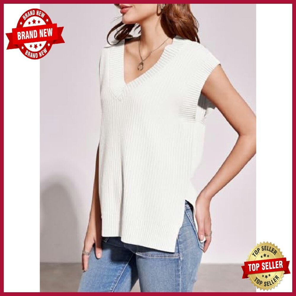Oversized Ribbed Knit Sweater Vest V-Neck Sleeveless Pullover Tank Top - Picture 4 of 8